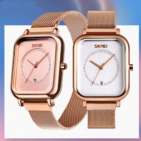 Reloj de cuarzo cuadrado de moda para hombre, con correa de malla, resistente al agua y calendario.