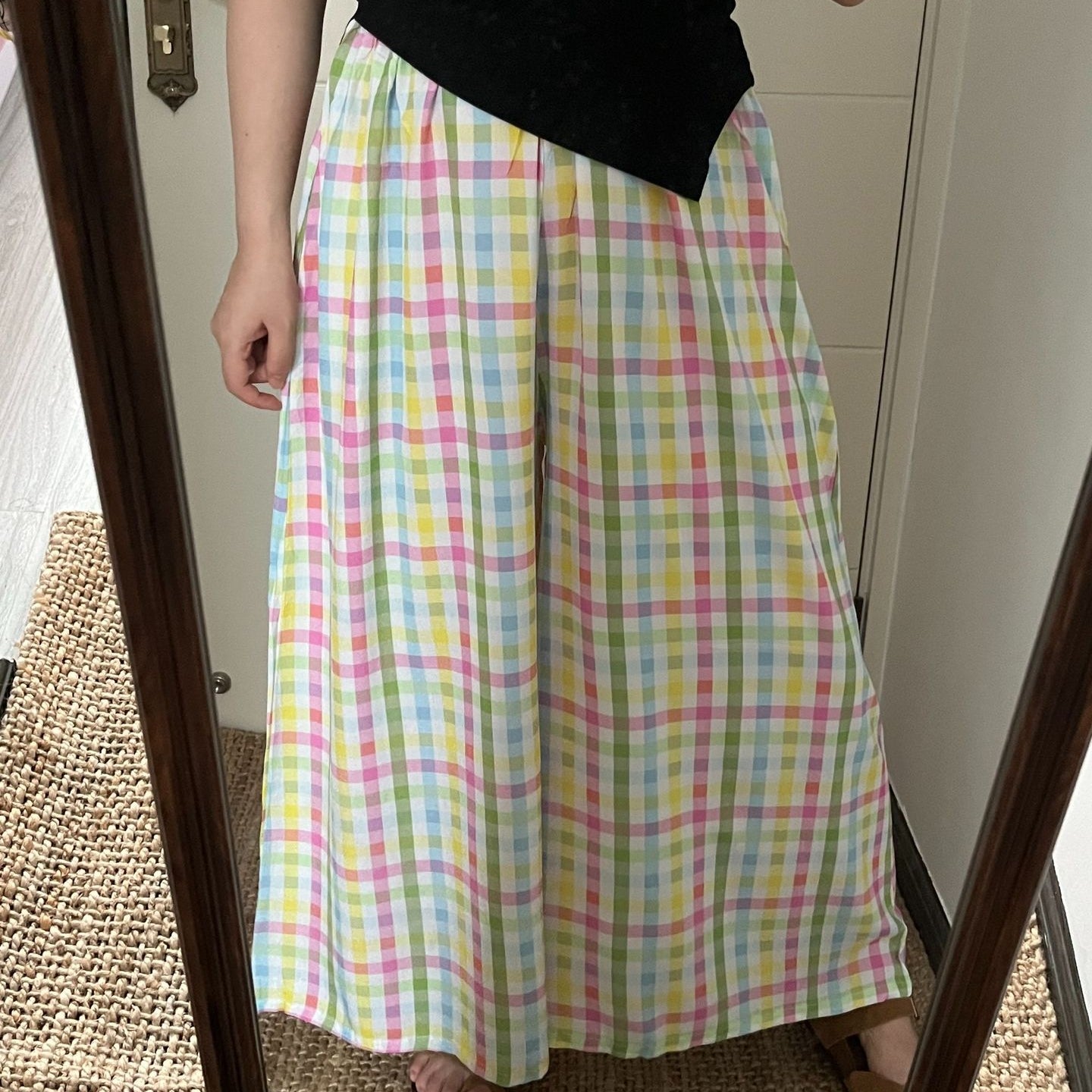 Pantalones anchos y holgados de gasa de algodón para mujer, de verano, a cuadros