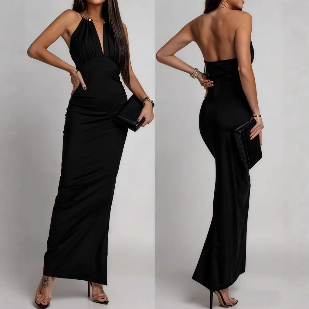 Vestido sexy sin mangas con cuello halter y escote en V profundo