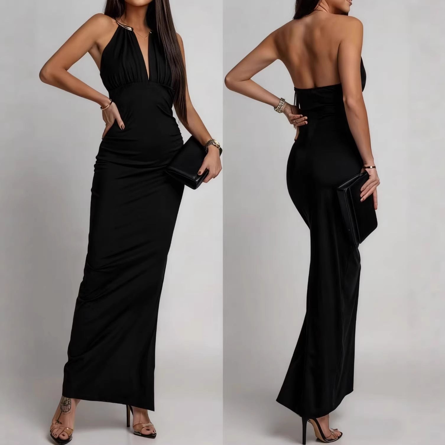 Vestido sexy sin mangas con cuello halter y escote en V profundo