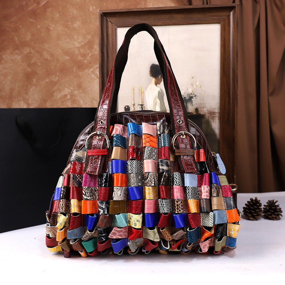 Bolso tote de hombro tejido de piel de vaca de gran capacidad para mujer