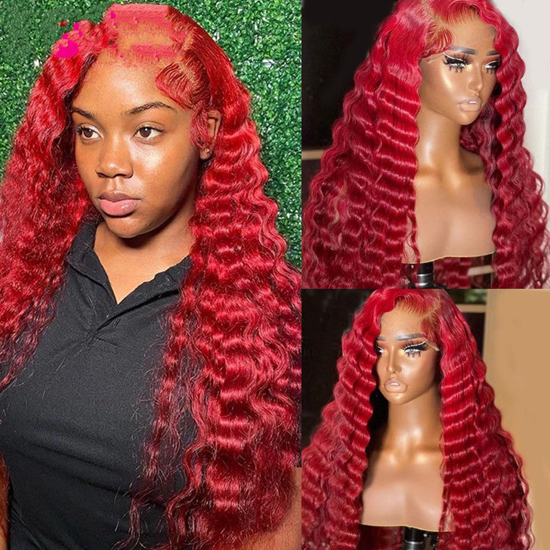 Peluca de cabello humano con ondas profundas rojas y real