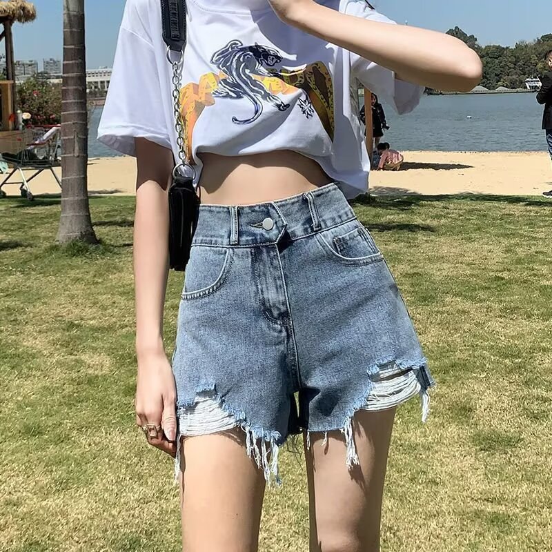 Pantalones cortos vaqueros rotos de verano para mujer