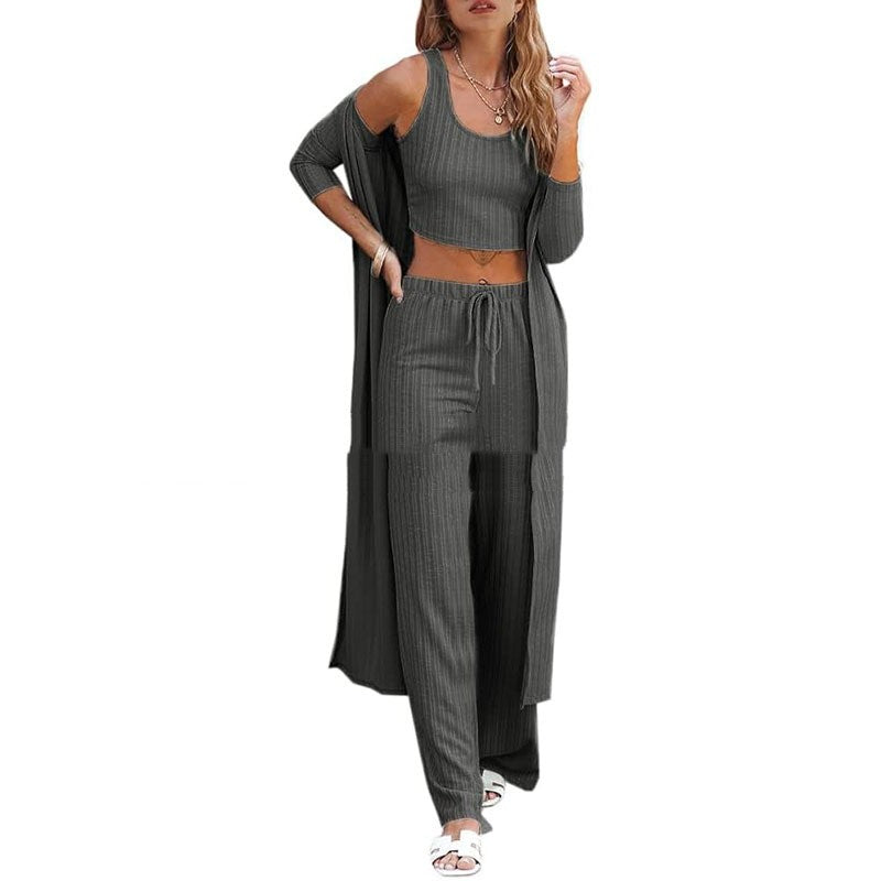 Conjunto de ropa de estar por casa para mujer de tres piezas: chaleco, pantalón y bata