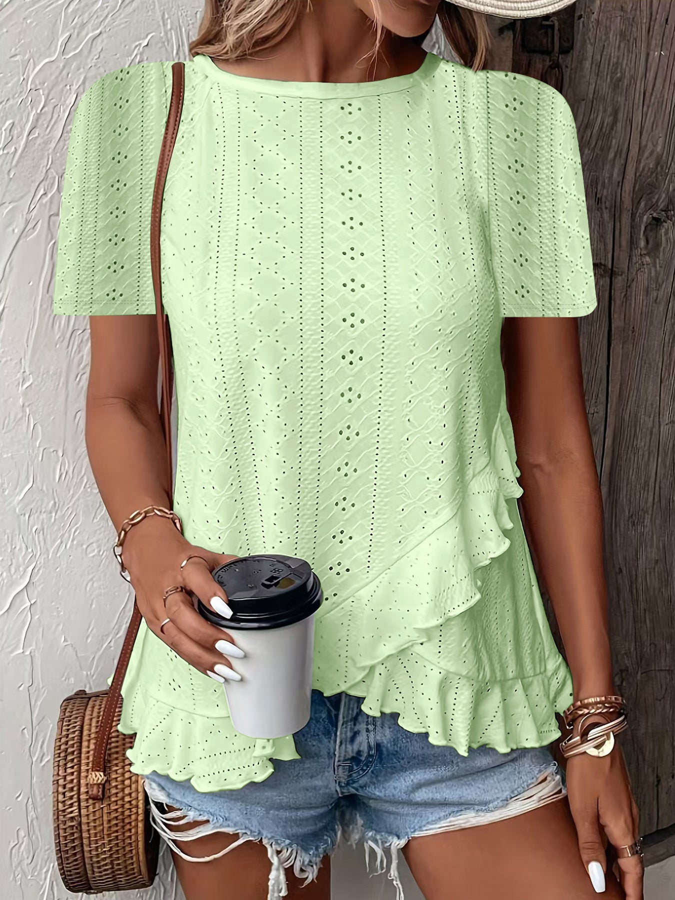 Womens Fashion Casual Solid-color Short-sleeve Crew Neck
