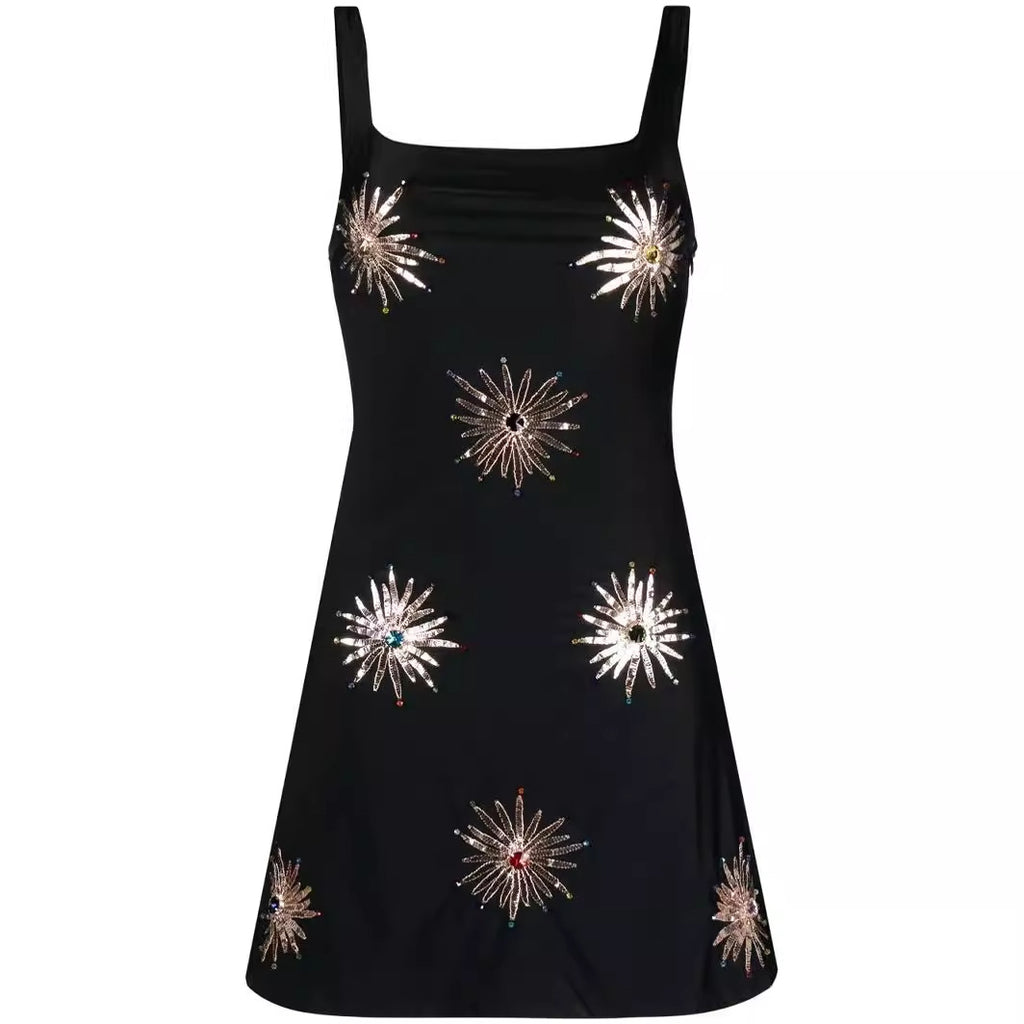 Diamond Embellished Square Neck Sheath Dress For Women Little Black Dress