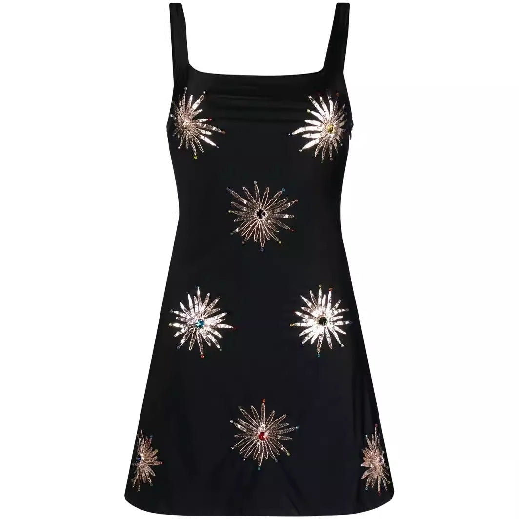 Diamond Embellished Square Neck Sheath Dress For Women Little Black Dress