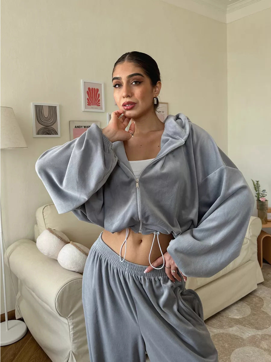 Conjunto informal para mujer: cárdigan de manga larga con cremallera y sudadera con capucha