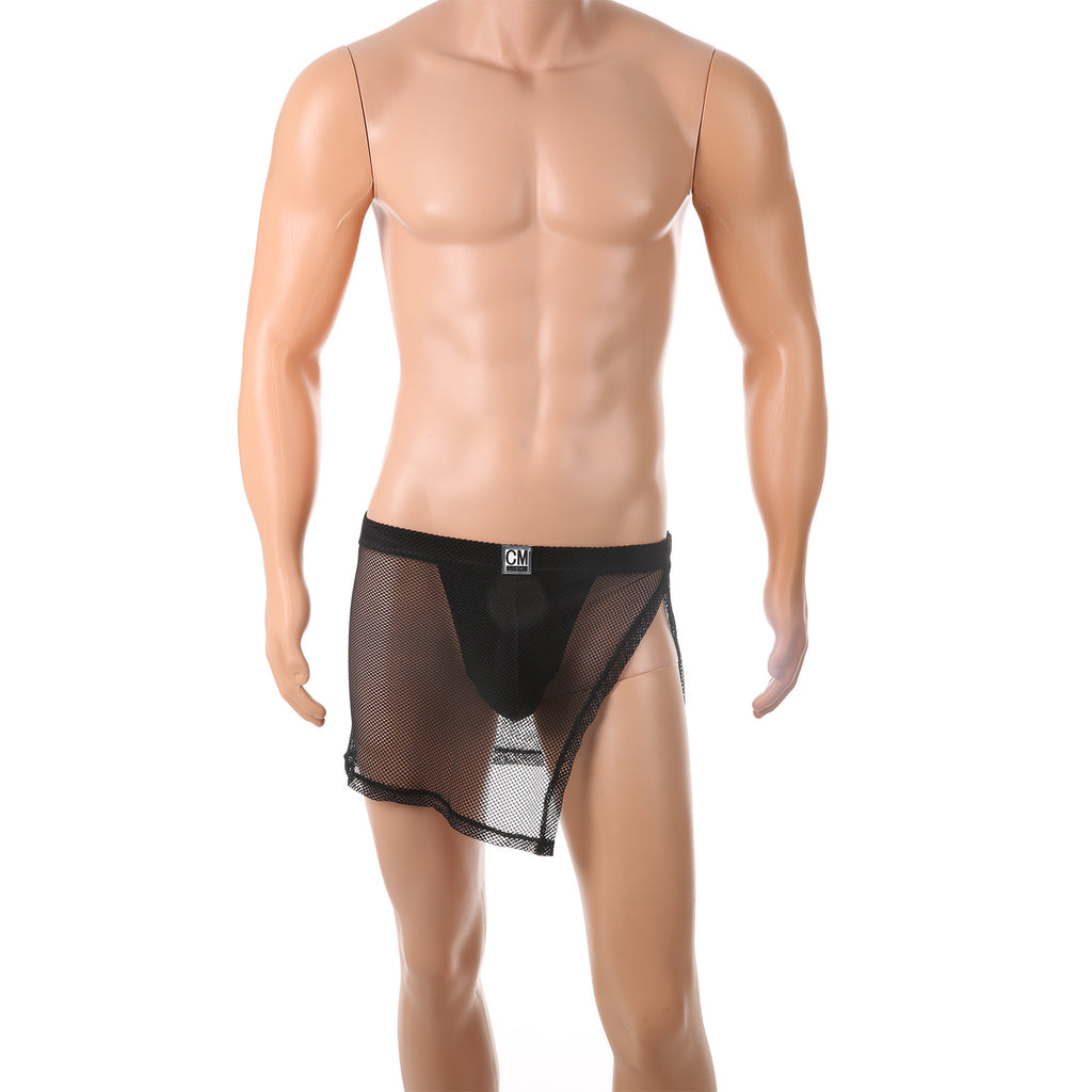 Falda de tanga de malla sexy para hombre con abertura lateral alta y transparente