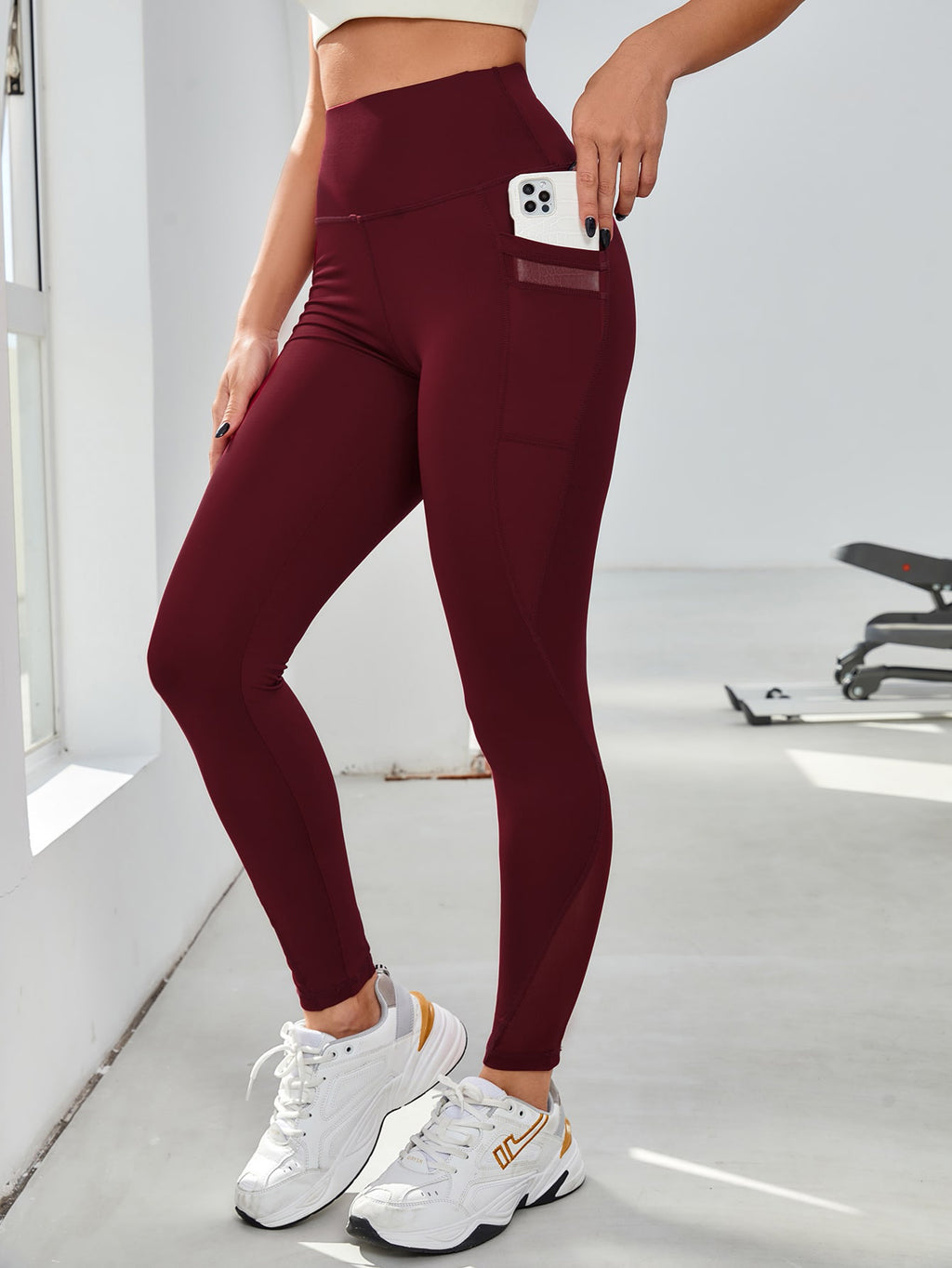 Pantalones de yoga de cintura alta con costuras de granadina, bolsillo, secado rápido, transpirables, para levantar la cadera.