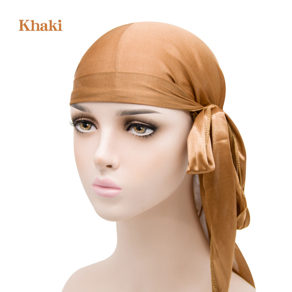 Gorro pirata elástico de cola larga de satén unisex y turbante hip hop para hombre y mujer, bandana elástica para disfraz y moda.