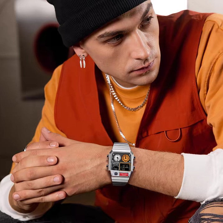 Reloj retro cuadrado multifuncional resistente al agua para hombre con medición de temperatura