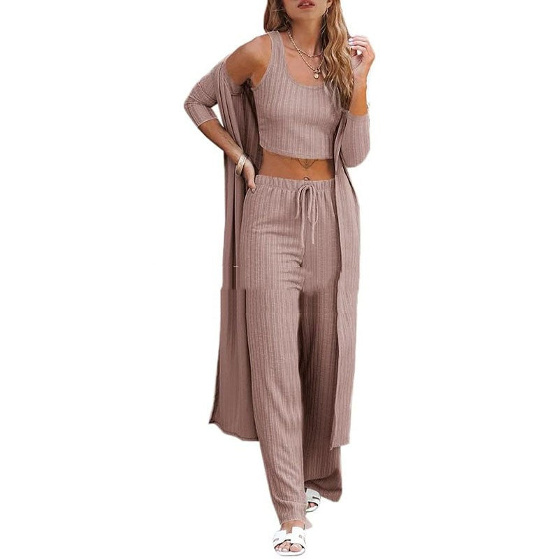 Conjunto de ropa de estar por casa para mujer de tres piezas: chaleco, pantalón y bata
