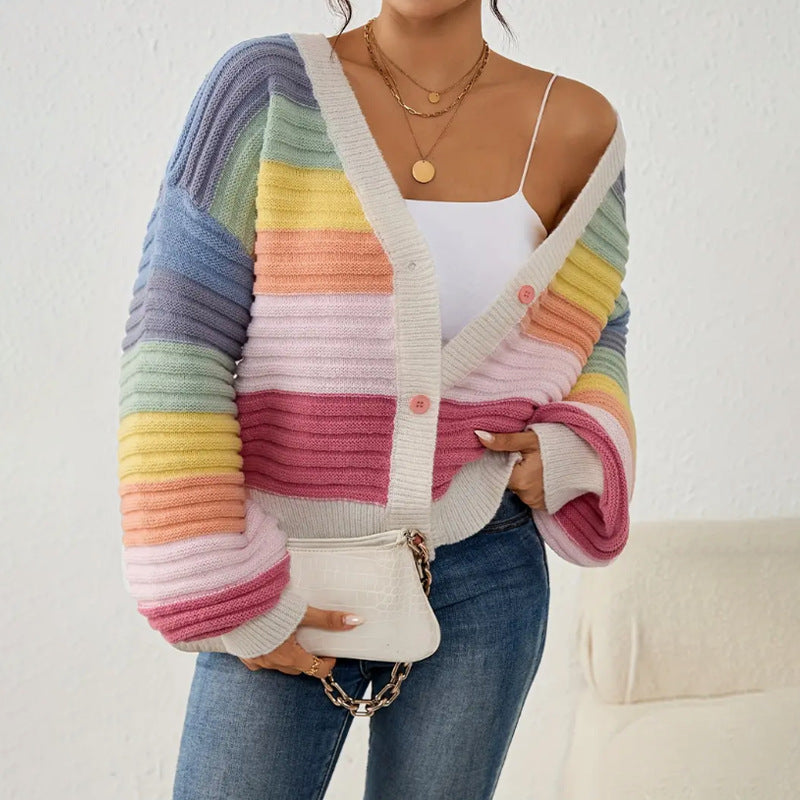 V Neck Sweater Knitted Top With Rainbow Stripes And Single Breasted Buttons Womens Outerwear