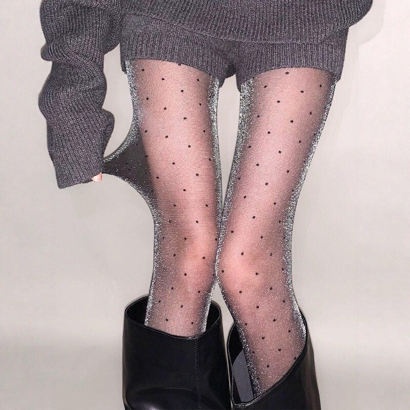 Polka-dot Black Silk Stockings With Shimmering Pearly Silver Thread