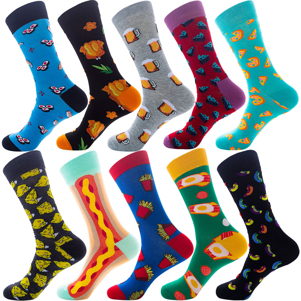 Calcetines de otoño para hombre con estampado de rombos y temática navideña de animales y frutas.