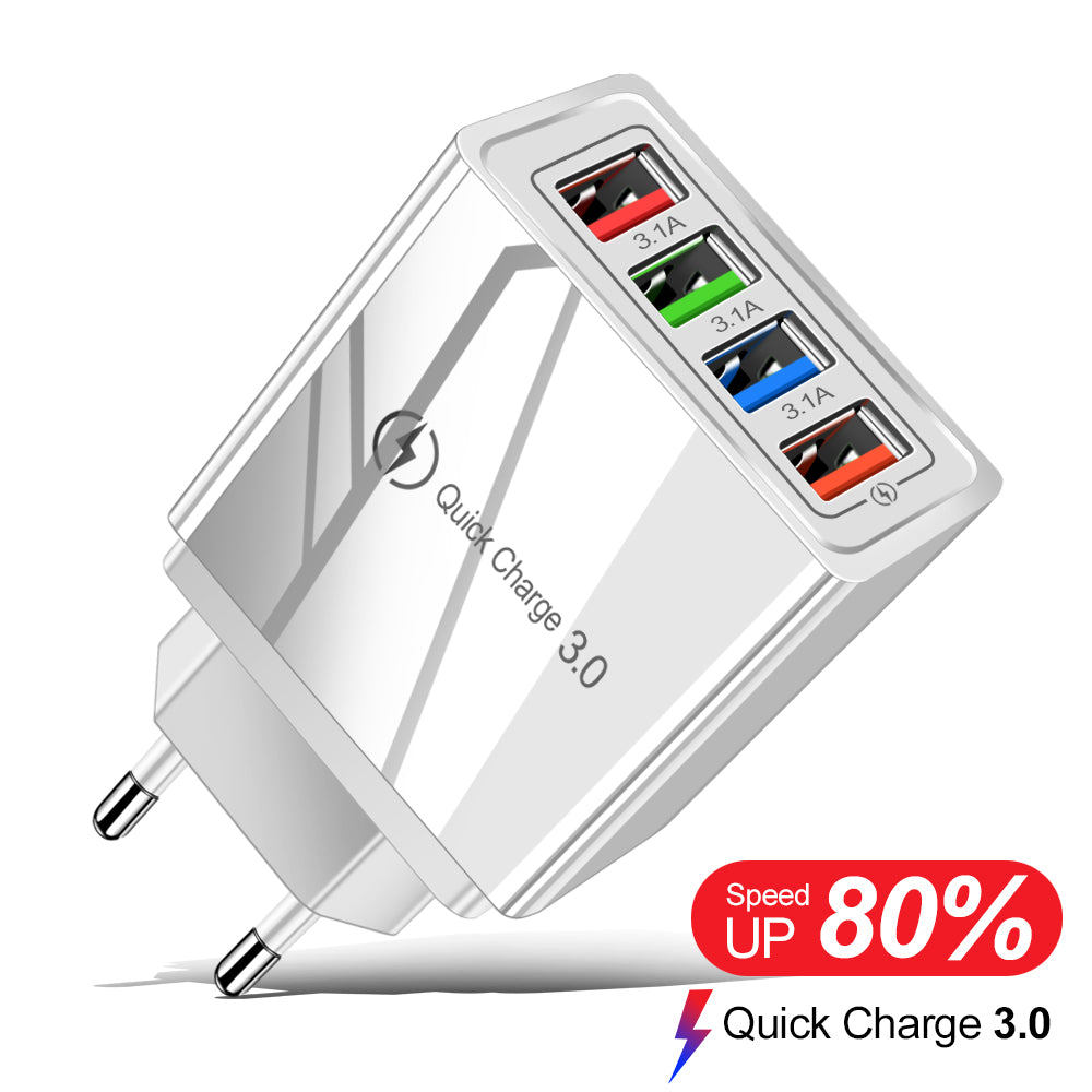 Cargador USB de carga rápida 3.0 para 4 teléfonos, adaptador para tableta, cargador de pared portátil, cargador rápido para móvil.