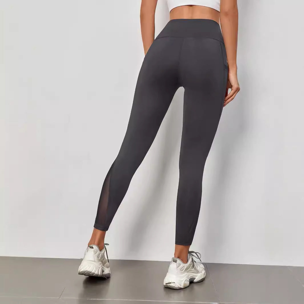Pantalones de yoga de cintura alta con costuras de granadina, bolsillo, secado rápido, transpirables, para levantar la cadera.