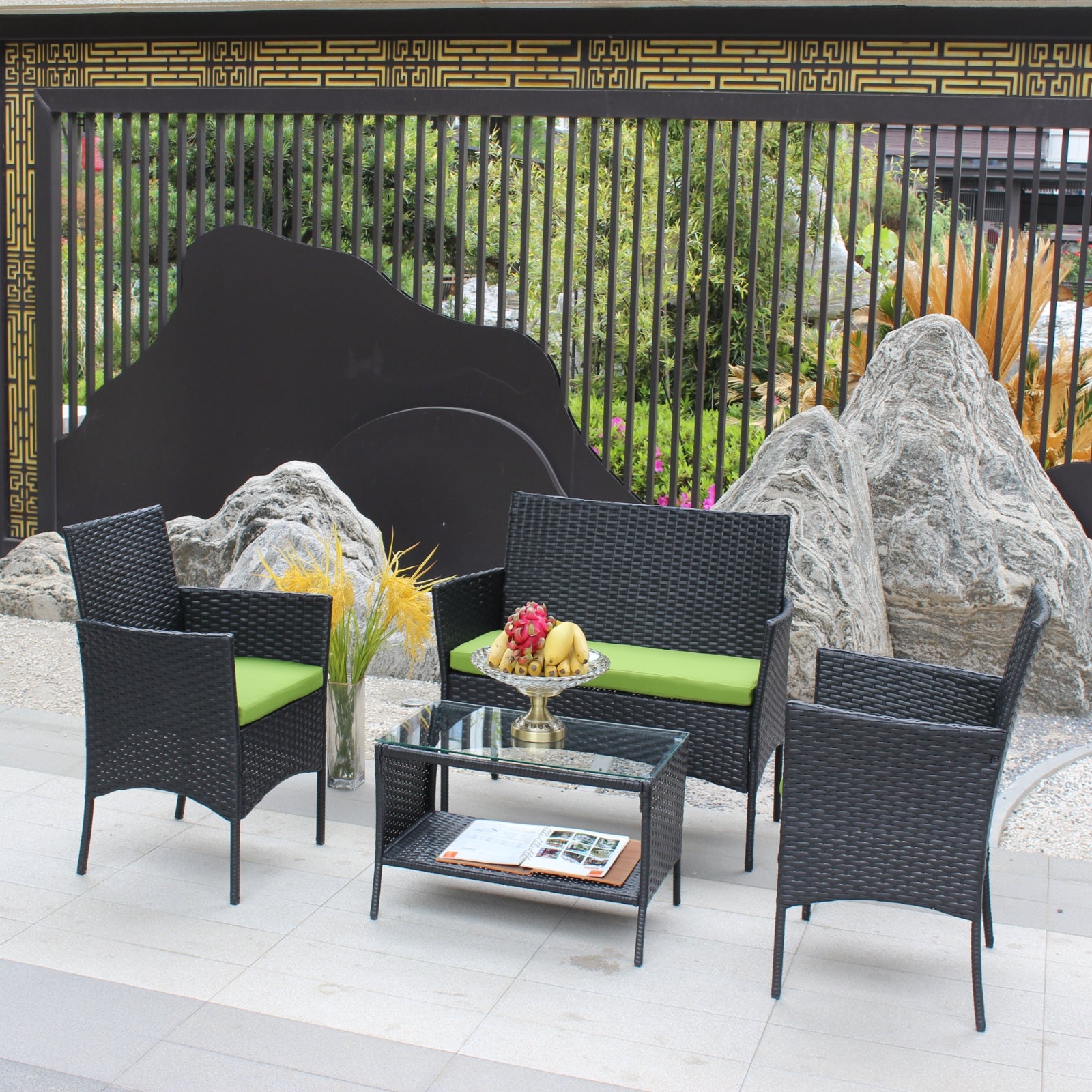 Juego de 4 muebles de ratán para patio, sofá de mimbre para exterior con cojines verdes