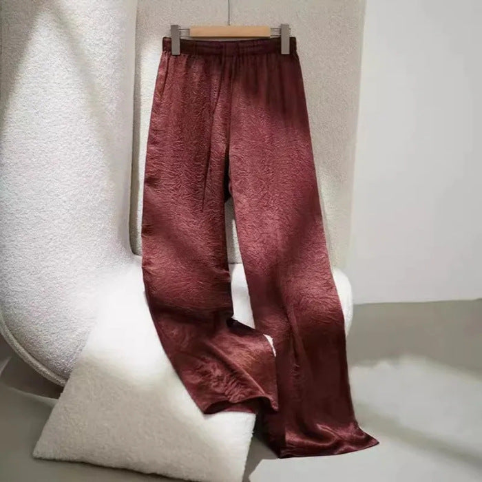 Pantalones de satén jacquard de pierna ancha de seda de hielo estilo chino para mujer