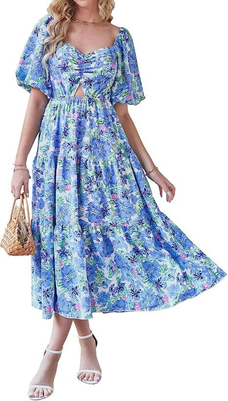 Floral Pleated Puff Sleeve Dress