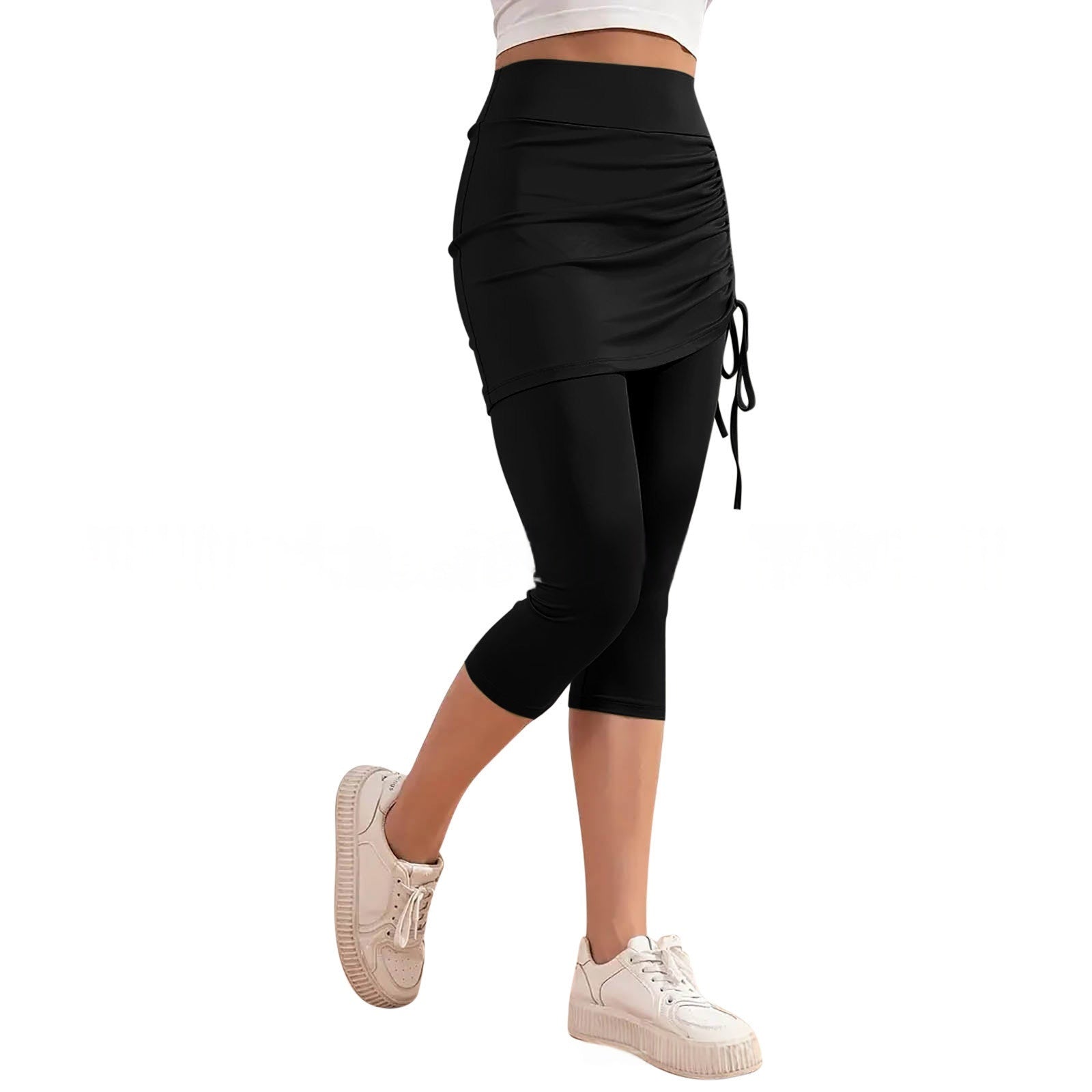 High-waisted Solid-color Slim-fit Ruched Capri Pants For Summer