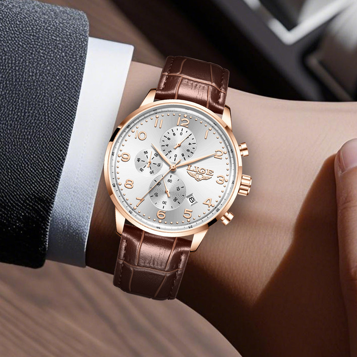 Reloj mecánico de negocios para hombre, multifuncional, con calendario y correa de cuero, resistente al agua