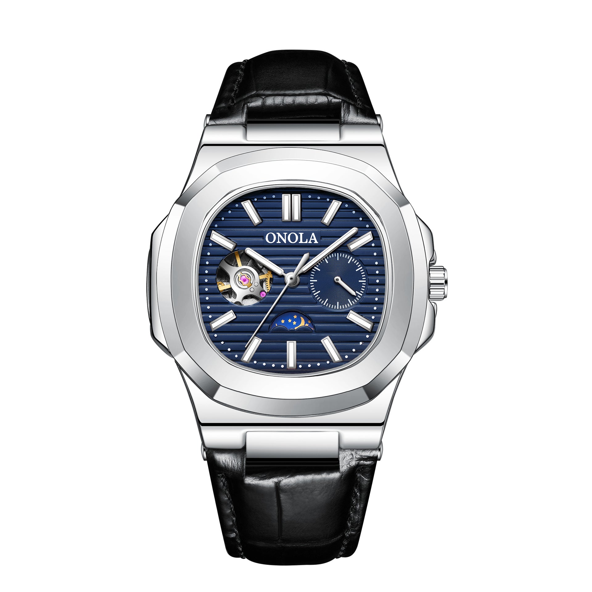 Reloj mecánico de alta calidad con diseño de sol, luna y estrellas, correa de cuero impermeable.