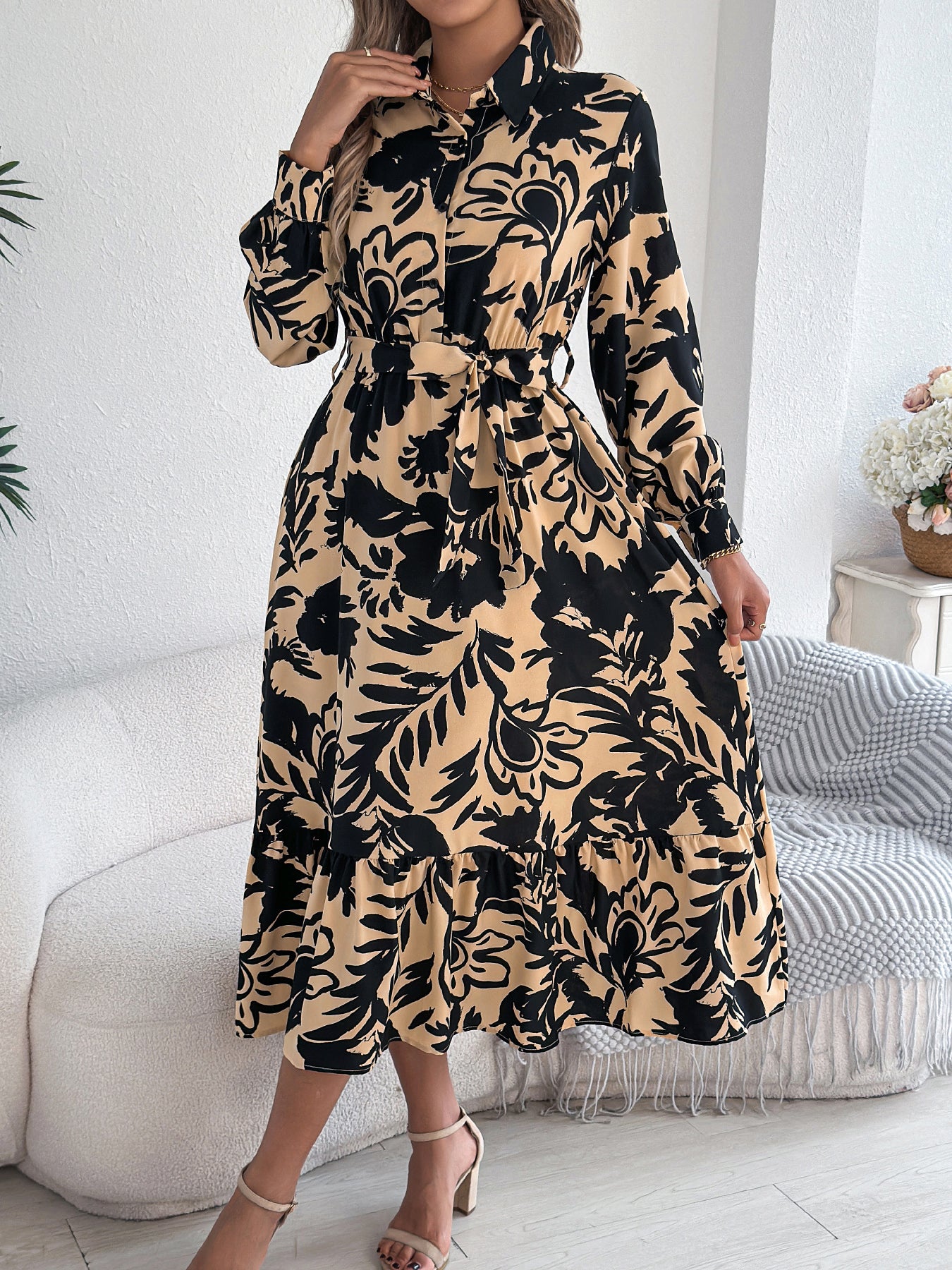 Women's Casual Floral Print Long Sleeve Ruffle Hem Shirt Maxi Dress