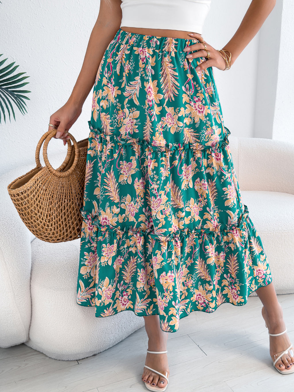 Women's Casual Floral Print Ruffle Trim Midi Beach Skirt