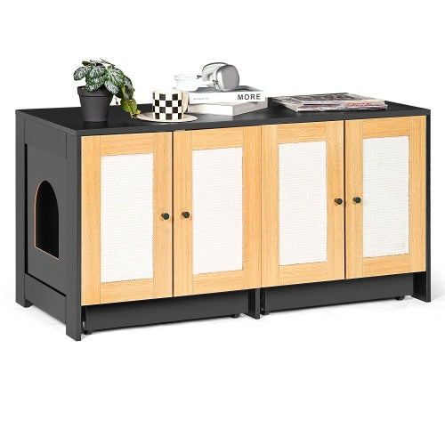 Recinto para arenero doble, para 2 gatos, mueble oculto con puertas de ratán, 121 cm de largo x 59 cm de ancho x 55 cm de alto, color negro