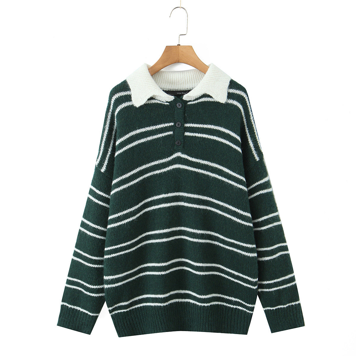 Suéter de punto con solapa a rayas y bloques de color, estilo preppy retro americano