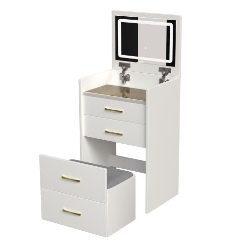 Tocador 3 en 1 con espejo abierto, pequeño juego de tocador con escritorio de cristal visible, compacto con 3 cajones, para dormitorio.