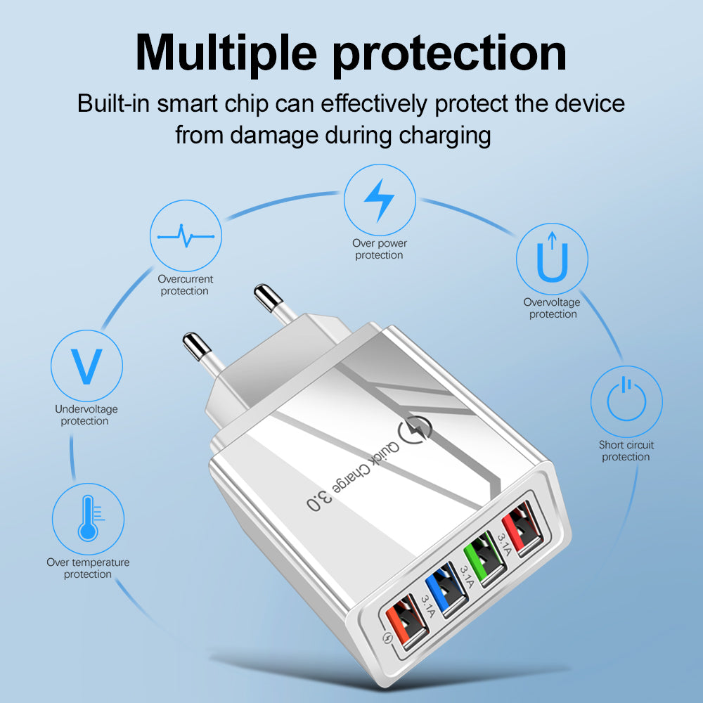 Cargador USB de carga rápida 3.0 para 4 teléfonos, adaptador para tableta, cargador de pared portátil, cargador rápido para móvil.