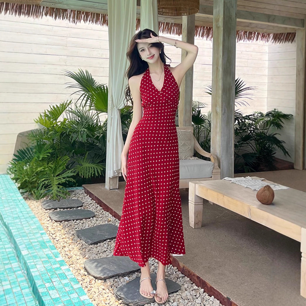 Fitted Figure-flattering French-style Polka-dot Print Halter Dress