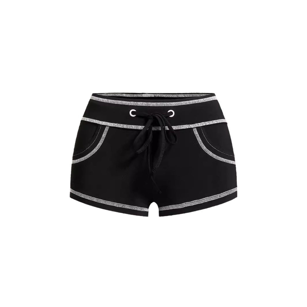 Open-stitch Design Lace-up Low-rise Hot Pants