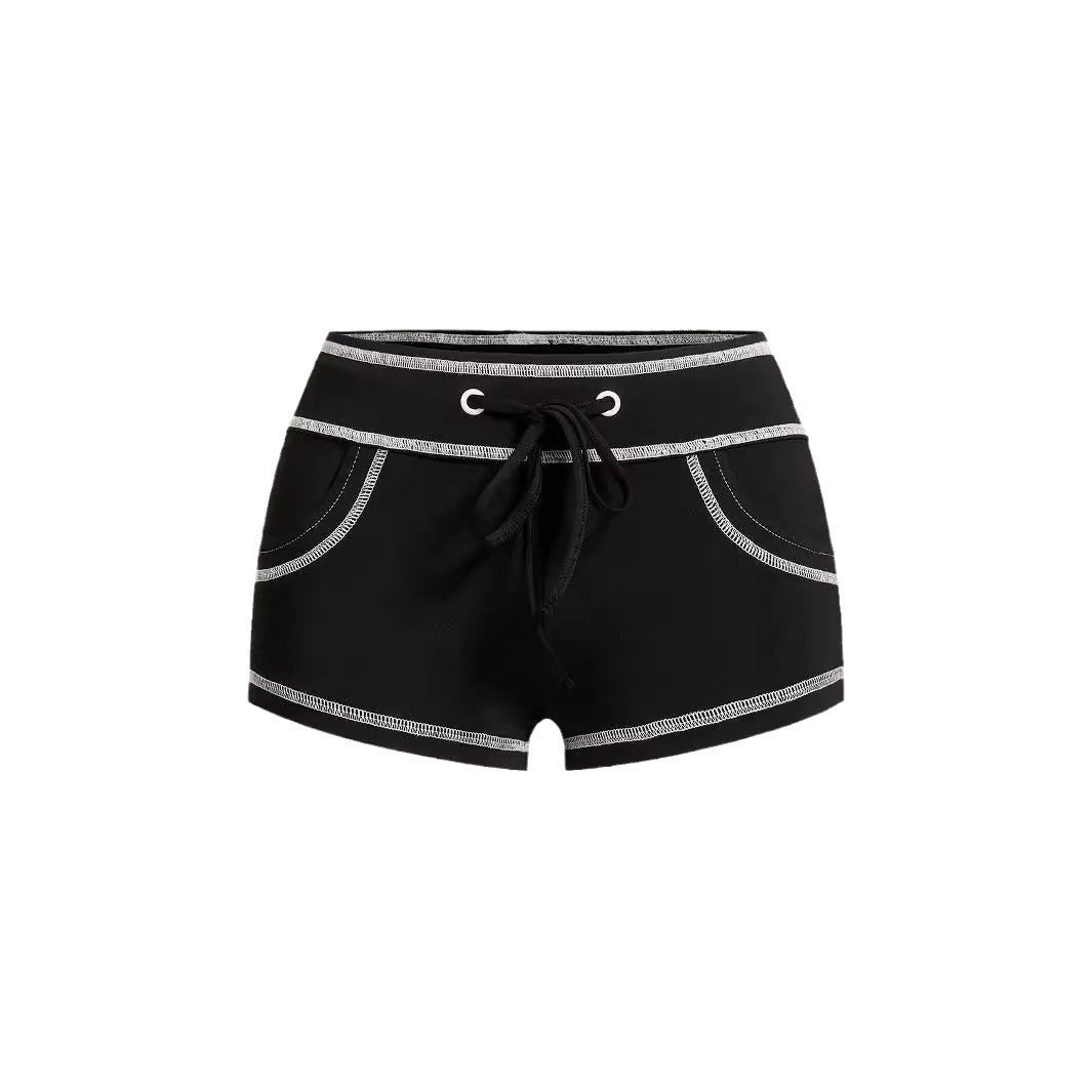 Open-stitch Design Lace-up Low-rise Hot Pants