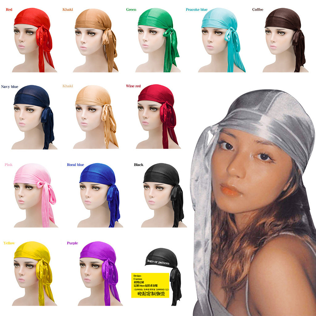 Gorro pirata elástico de cola larga de satén unisex y turbante hip hop para hombre y mujer, bandana elástica para disfraz y moda.
