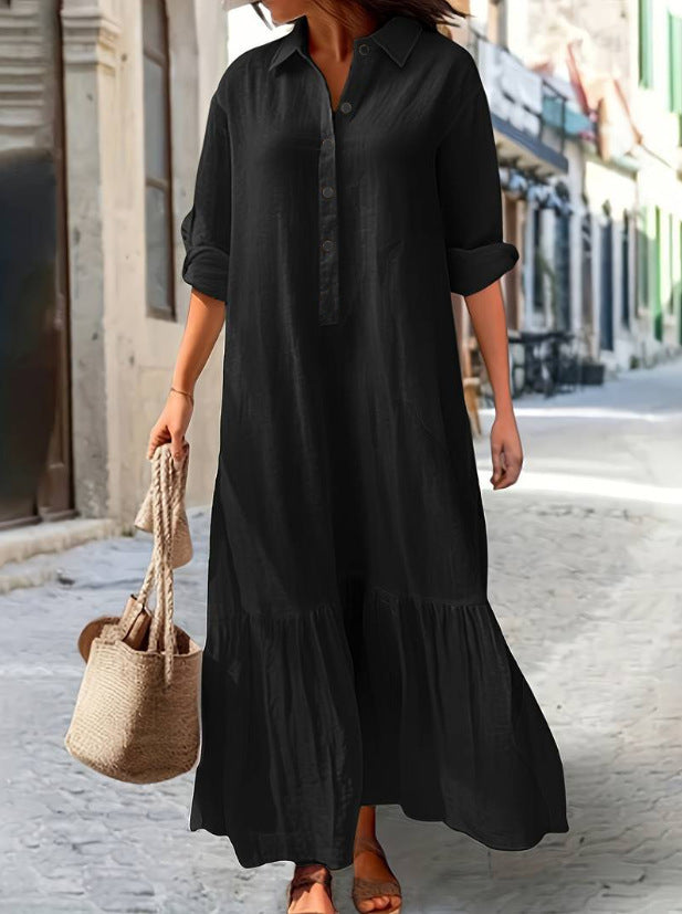 Vestido largo asimétrico de lino y algodón con cuello camisero y botones retorcidos