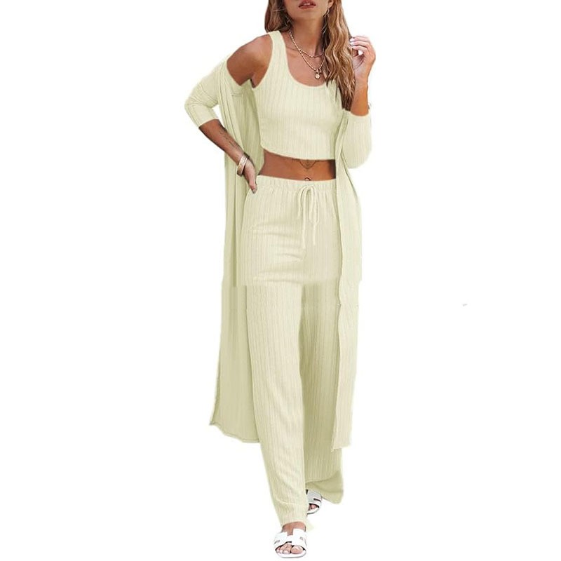 Conjunto de ropa de estar por casa para mujer de tres piezas: chaleco, pantalón y bata