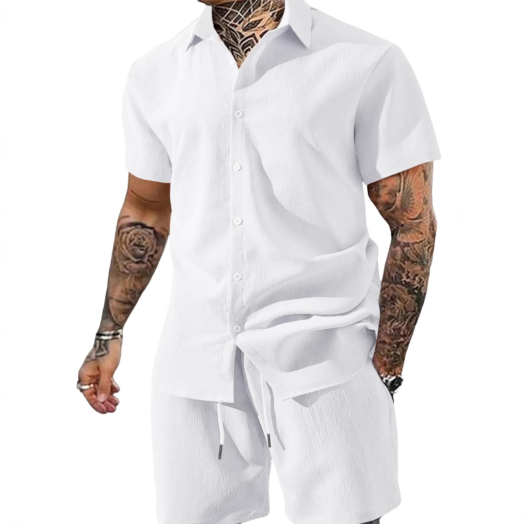 Men's Solid Color Lapel Short-Sleeve Shirt And Shorts Set
