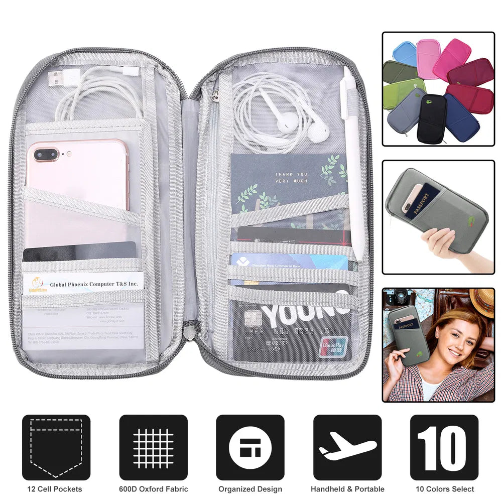 Cartera para pasaporte de viaje, 12 compartimentos, porta billetes, identificación, tarjetas de crédito, documentos impermeables, organizador de teléfono.