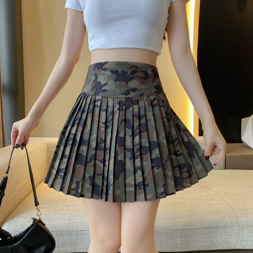 Camouflage All-Match Mid-Rise Pleated A-Line Skirt