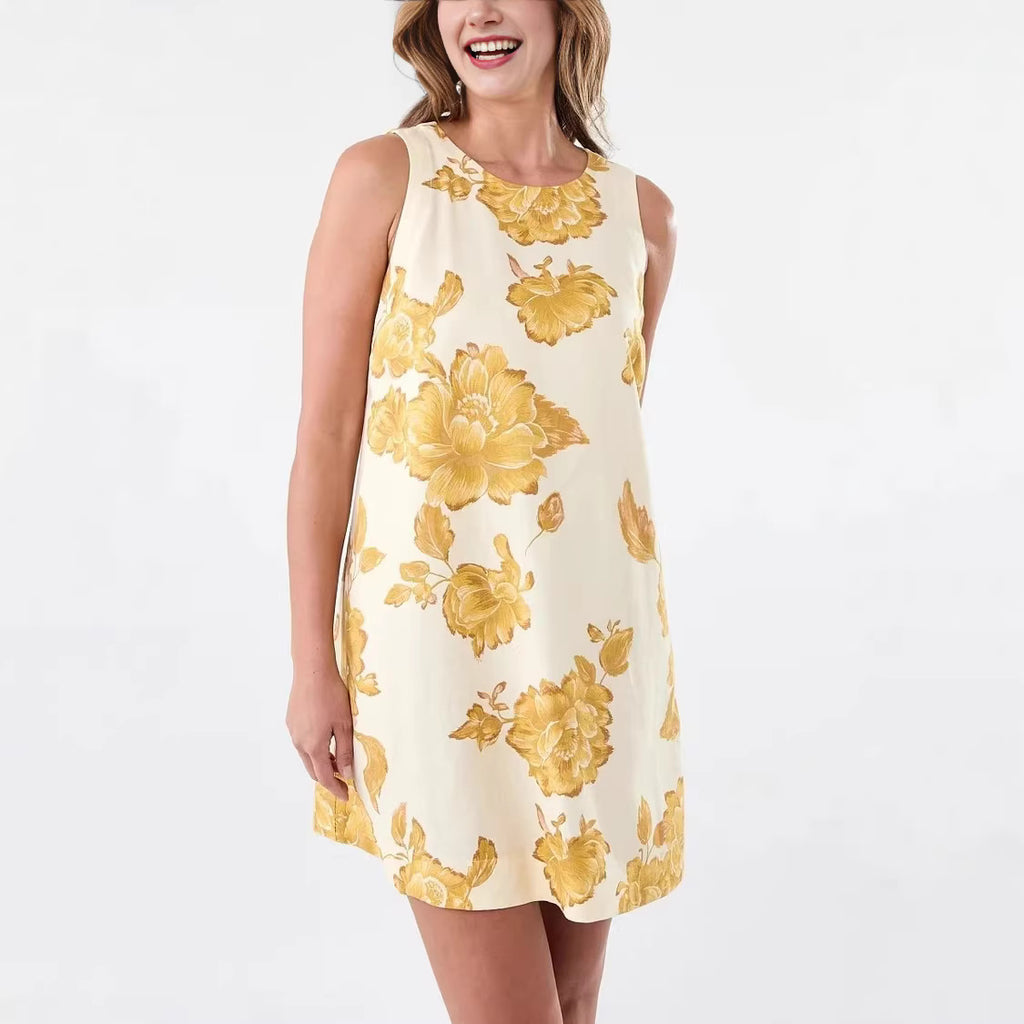 Womens Crew-Neck Printed Dress With Side Buttons