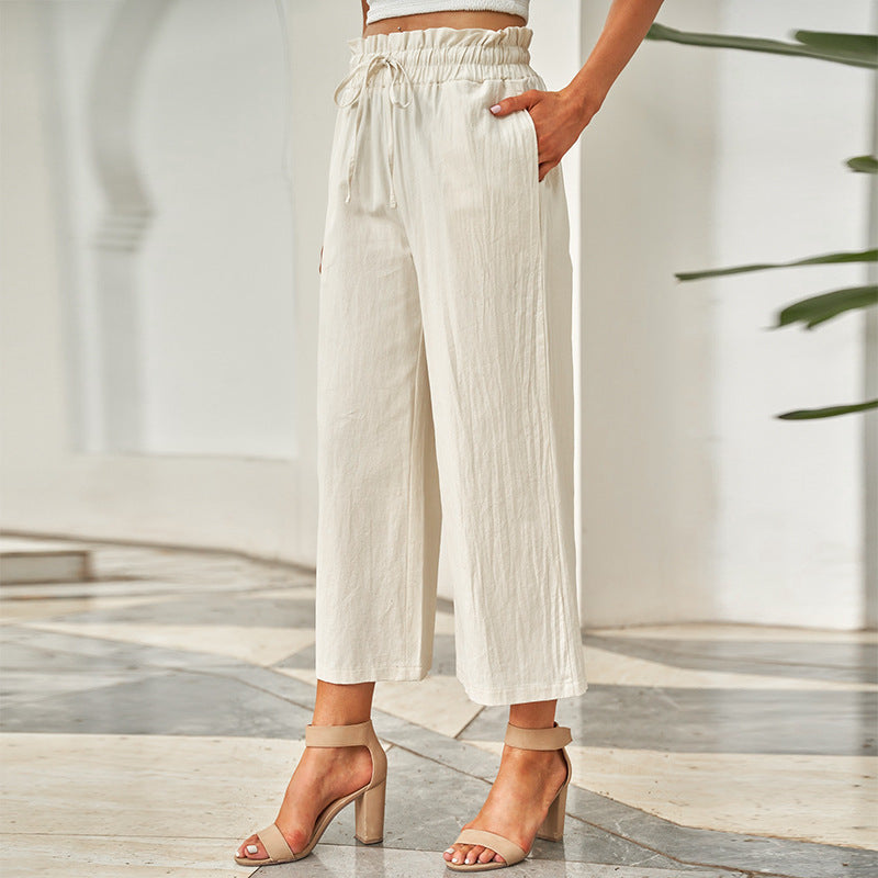 Pantalones casuales con cintura elástica y cordón para mujer, pantalones anchos