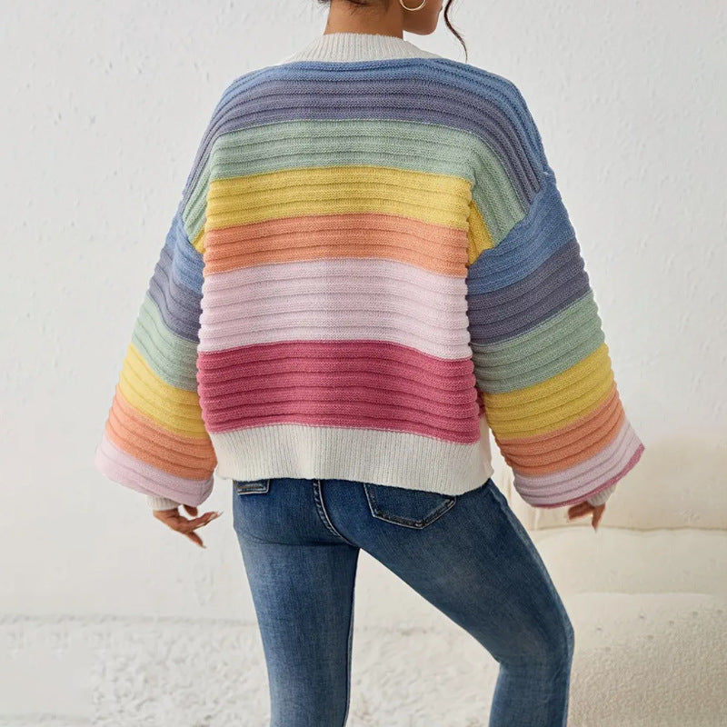 V Neck Sweater Knitted Top With Rainbow Stripes And Single Breasted Buttons Womens Outerwear
