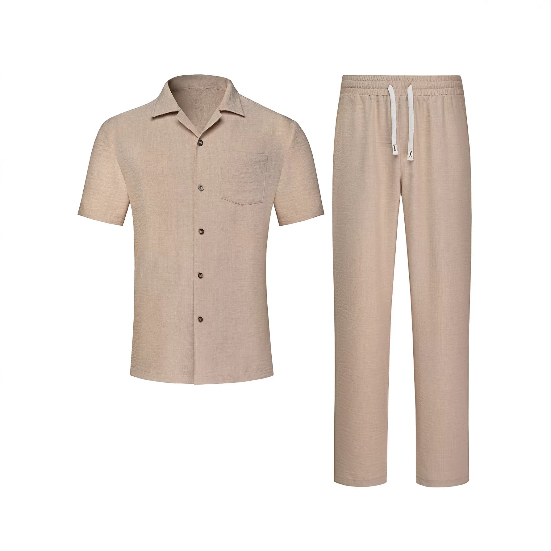 Mens Solid-Colored Lapel Casual Shirt And Pants Set