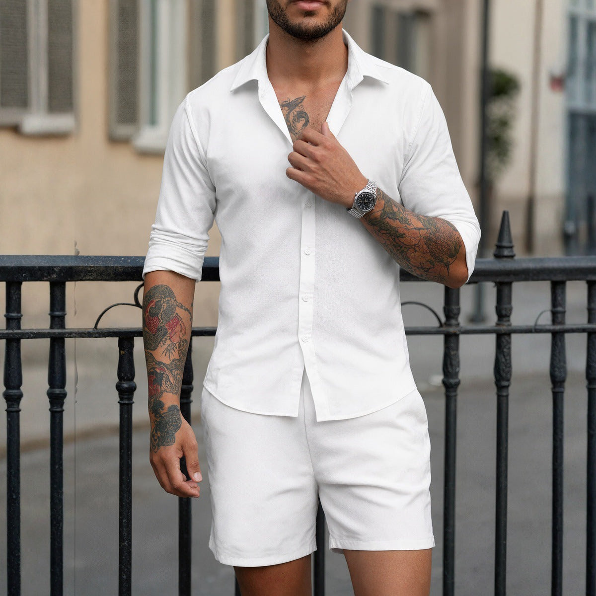 Men's Casual Formal Shirt And Shorts Set