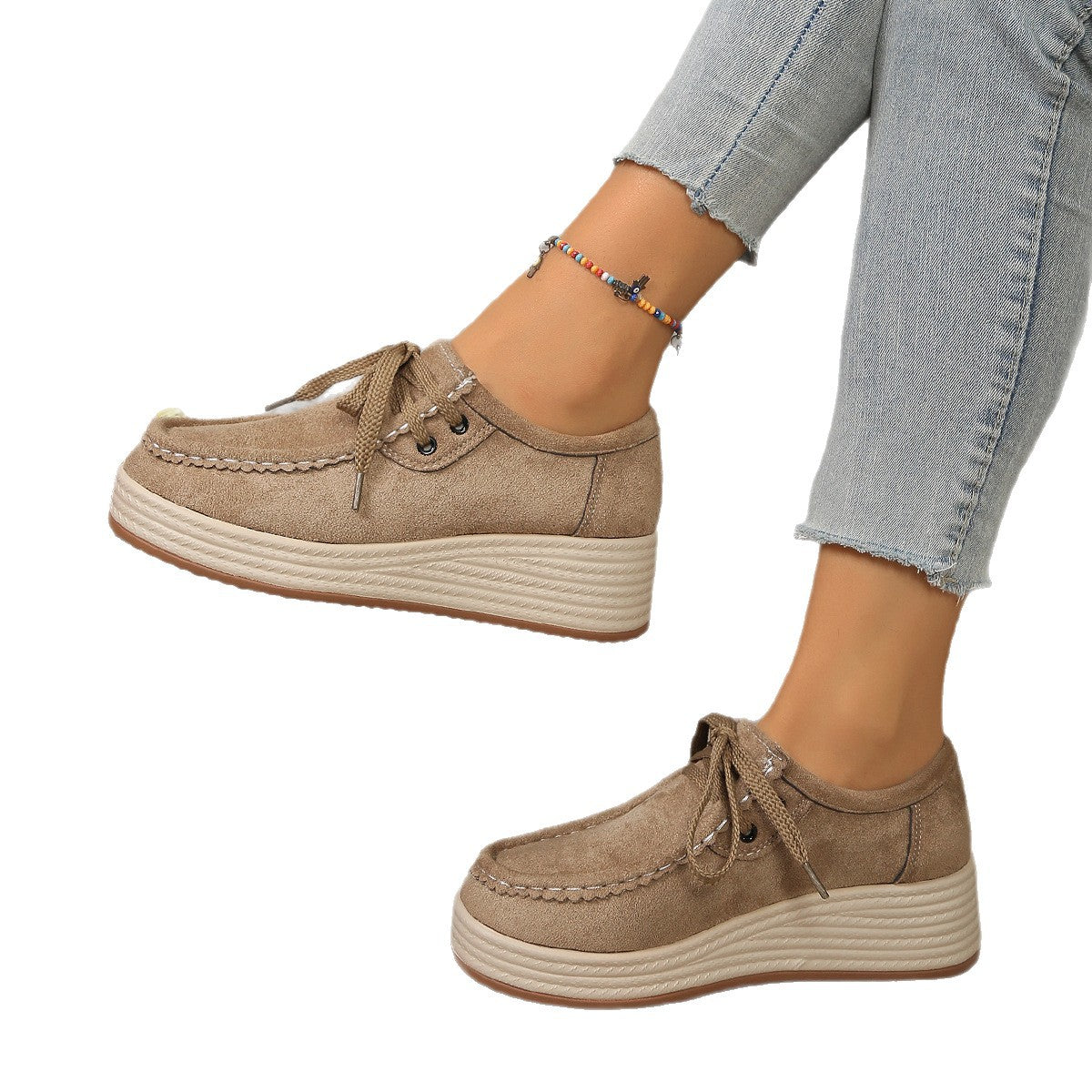Zapatos de tacón para mujer de suela gruesa con cordones delanteros, estilo europeo y americano. Zapatos casuales de suela gruesa.