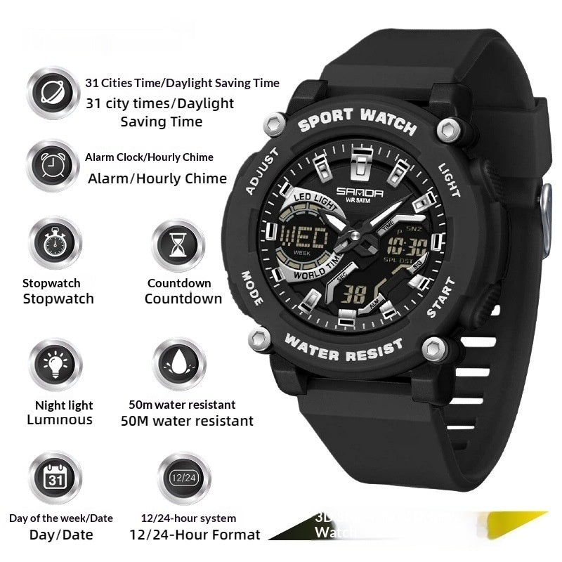 Reloj cronógrafo luminoso de doble pantalla para estudiantes, ideal para senderismo.
